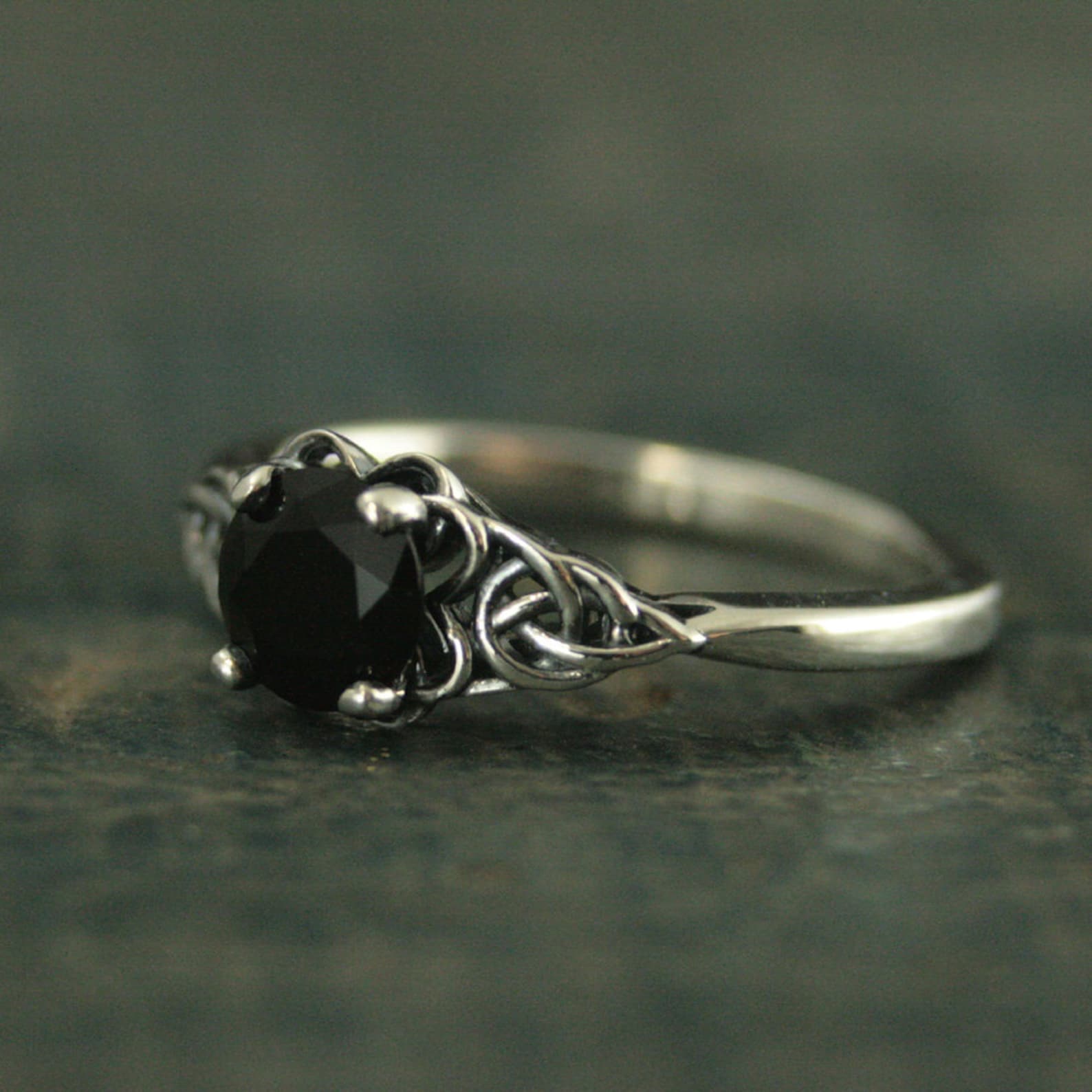 Silver Celtic Ring Black Onyx Full Cut Faceted Onyx The Raven Ring Unique Engagement Ring Black Stone Ring Faux Black Diamond Celtic Knot