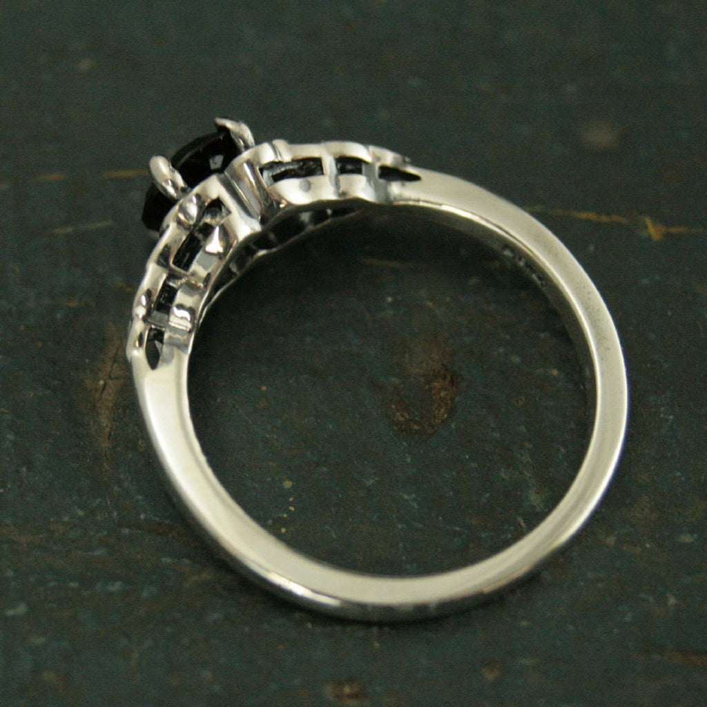 Silver Celtic Ring Black Onyx Full Cut Faceted Onyx The Raven Ring Unique Engagement Ring Black Stone Ring Faux Black Diamond Celtic Knot