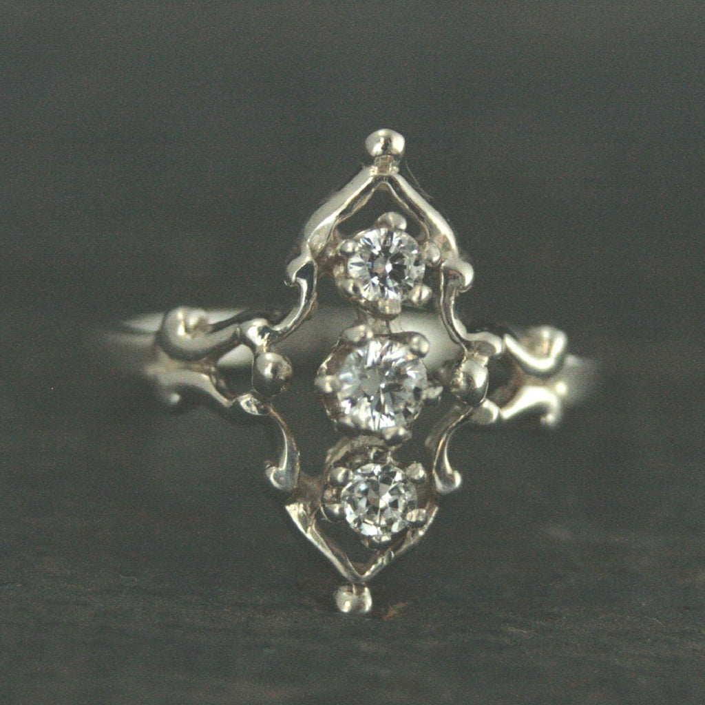 Three Stone Ring Victorian Style Ring Vintage Style Ring Silver Promise Ring Anniversary Ring Steampunk Ring Victoria Triple Stone Ring