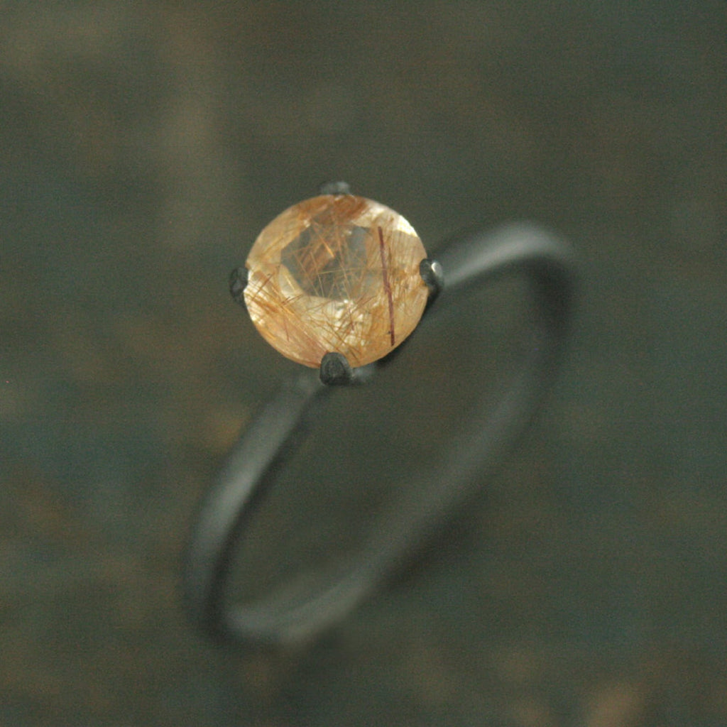 Flat Black Engagement Ring Oxidized Black Ring Copper Rutilated Quartz Ring Simple Black Solitaire Black and Orange Halloween Jewelry Witch