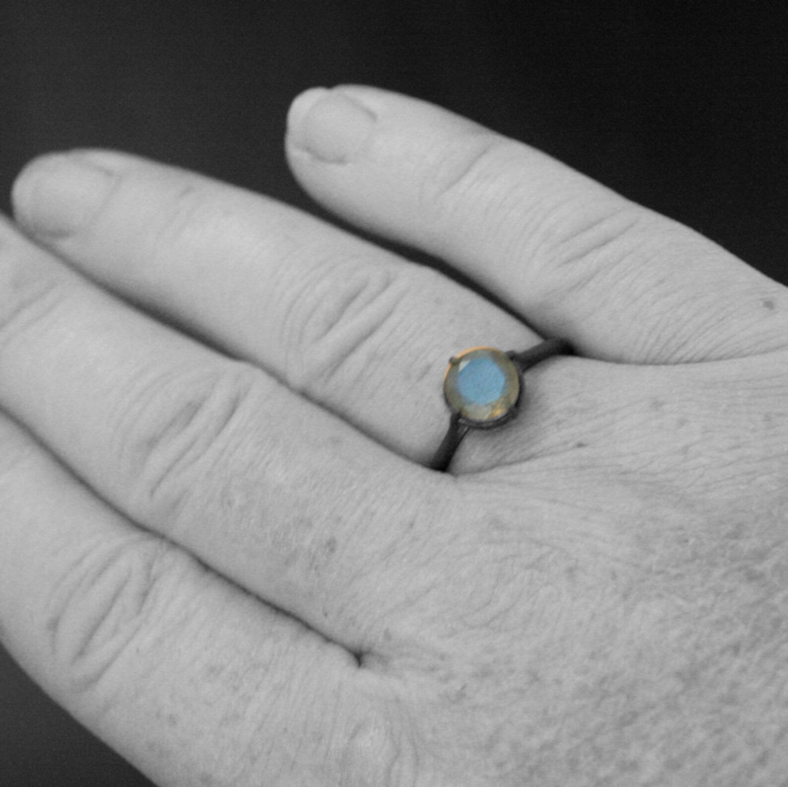 Labradorite Ring Black Silver Ring Alternative Engagement Ring 7mm Labradorite Faceted Stone NSEW Delicate Setting Claw Prongs Black Ring