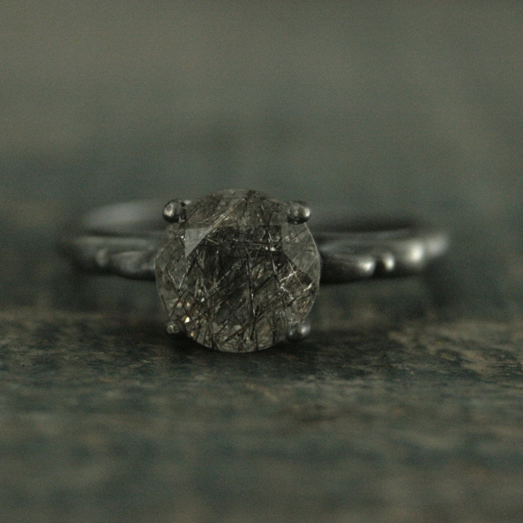 Black Rutilated Quartz Ring Black Engagement Ring Alternative Engagement Ring Unique Engagement Ring Gothic Queen Ring Vintage Style Ring