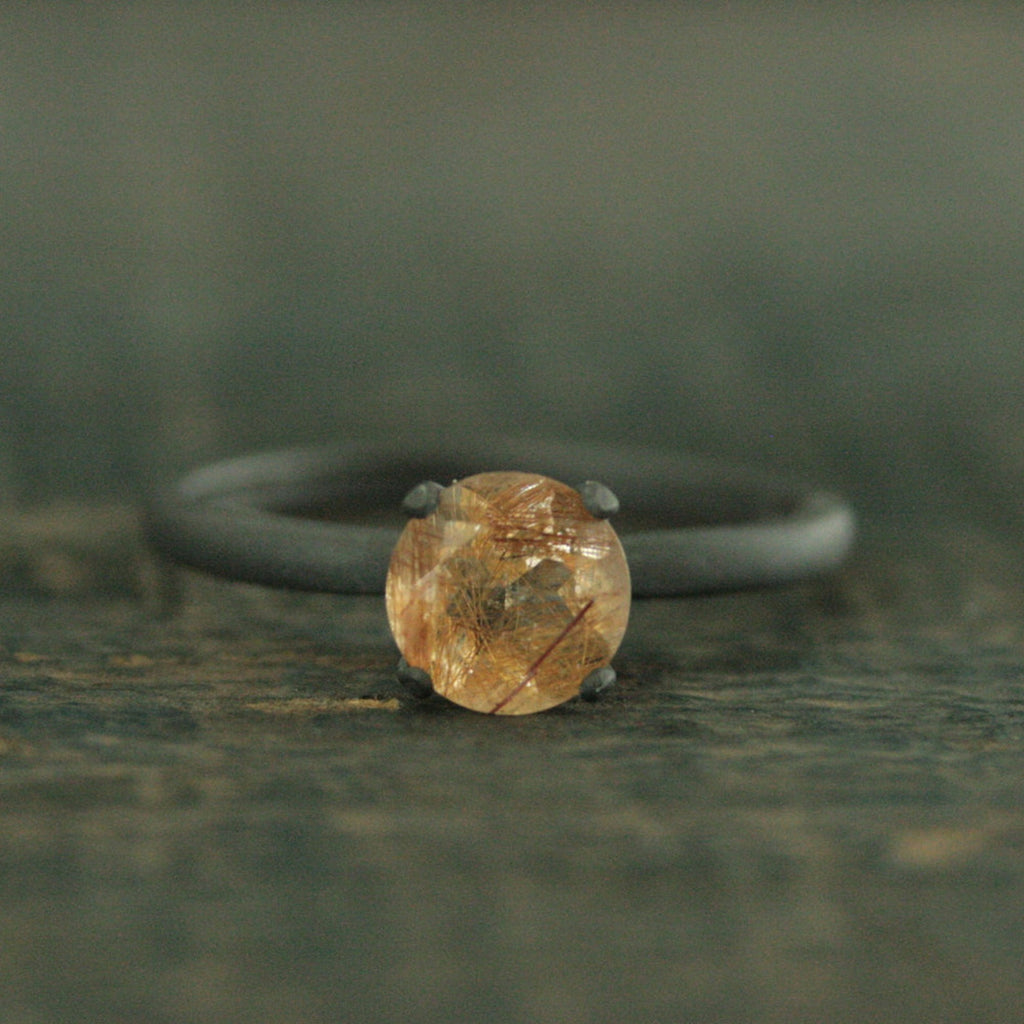 Flat Black Engagement Ring Oxidized Black Ring Copper Rutilated Quartz Ring Simple Black Solitaire Black and Orange Halloween Jewelry Witch
