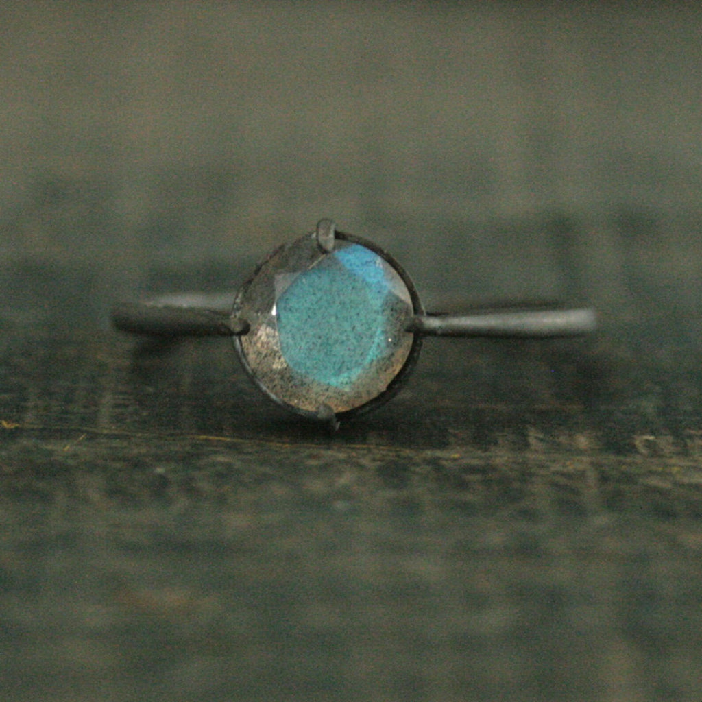 Labradorite Ring Black Silver Ring Alternative Engagement Ring 7mm Labradorite Faceted Stone NSEW Delicate Setting Claw Prongs Black Ring