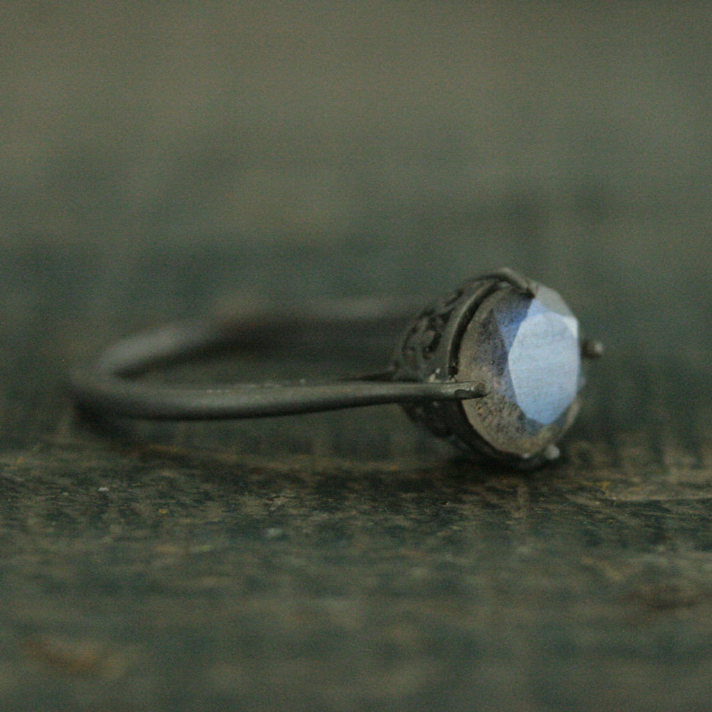 Labradorite Ring Black Silver Ring Alternative Engagement Ring 7mm Labradorite Faceted Stone NSEW Delicate Setting Claw Prongs Black Ring