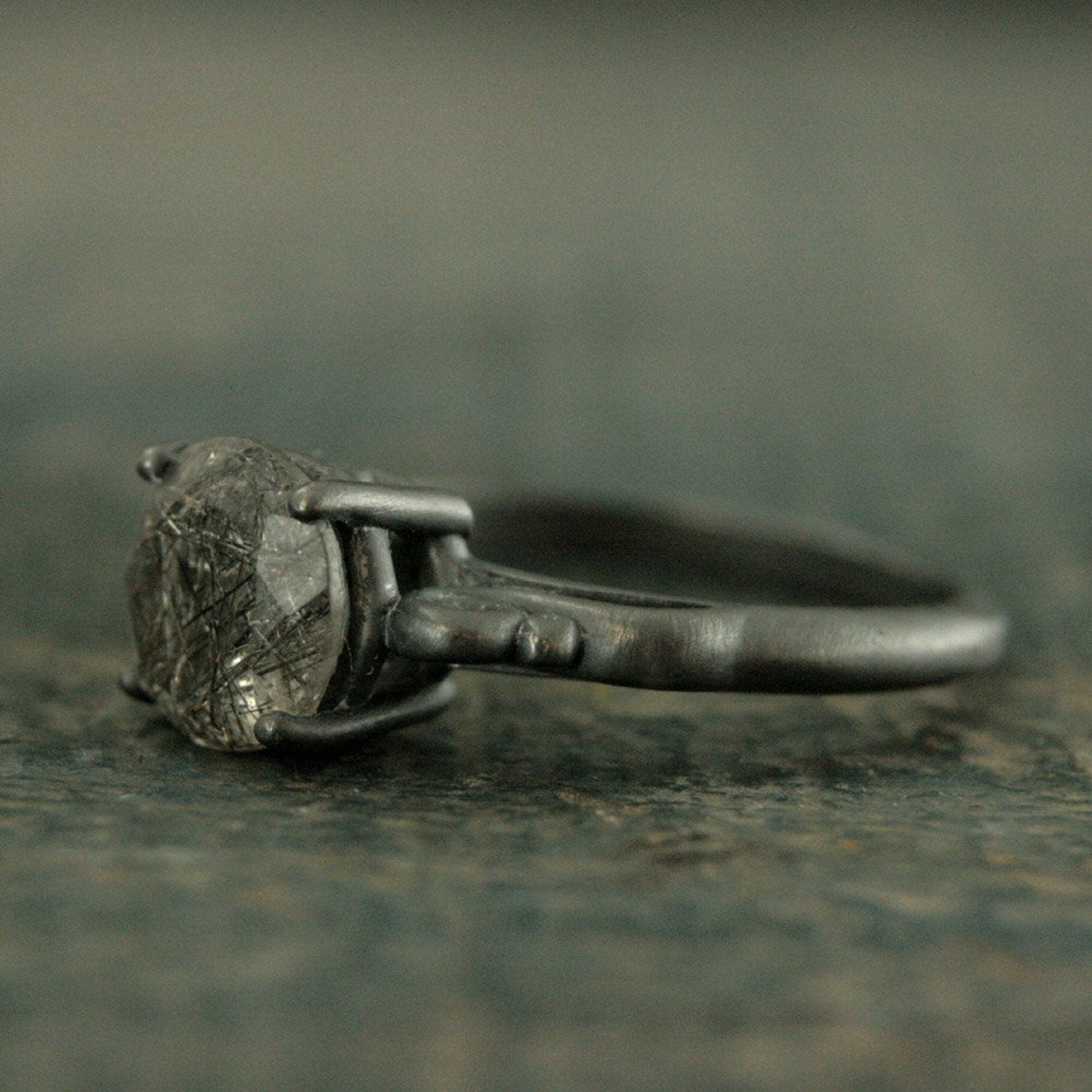 Black Rutilated Quartz Ring Black Engagement Ring Alternative Engagement Ring Unique Engagement Ring Gothic Queen Ring Vintage Style Ring