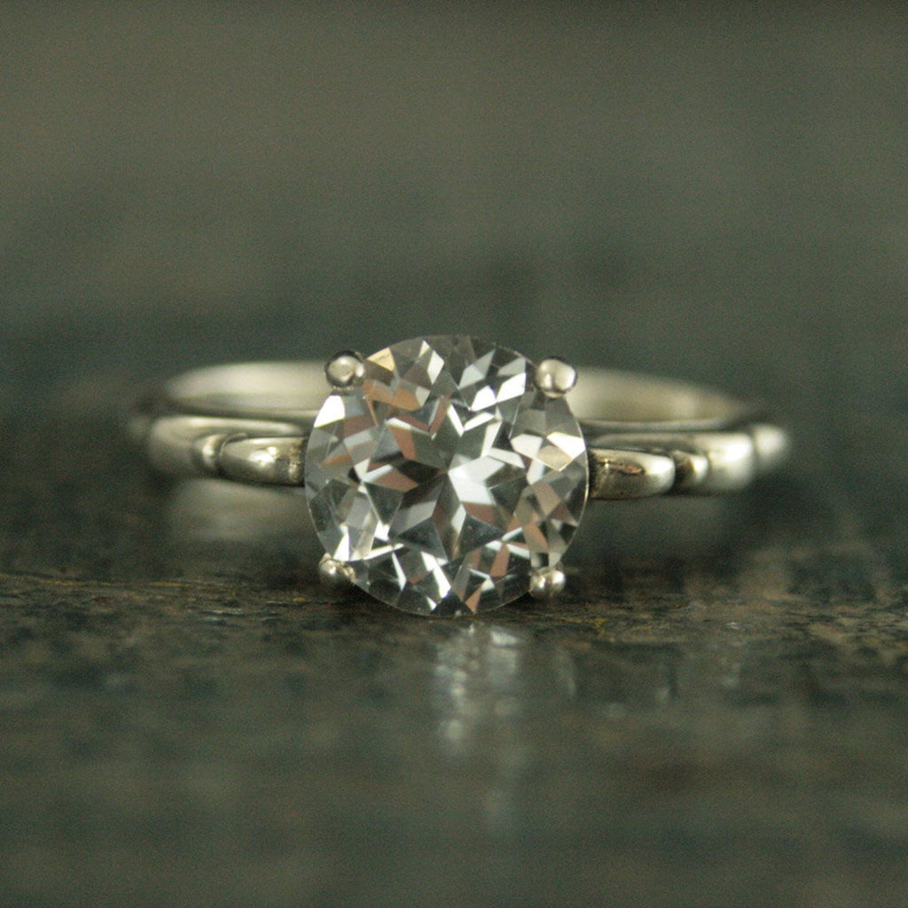 Large 8mm Solitaire Ring Scroll Setting Antique Style Ring Vintage Style Ring Queen Ring Cubic Zirconia Ring White Topaz Ring Silver