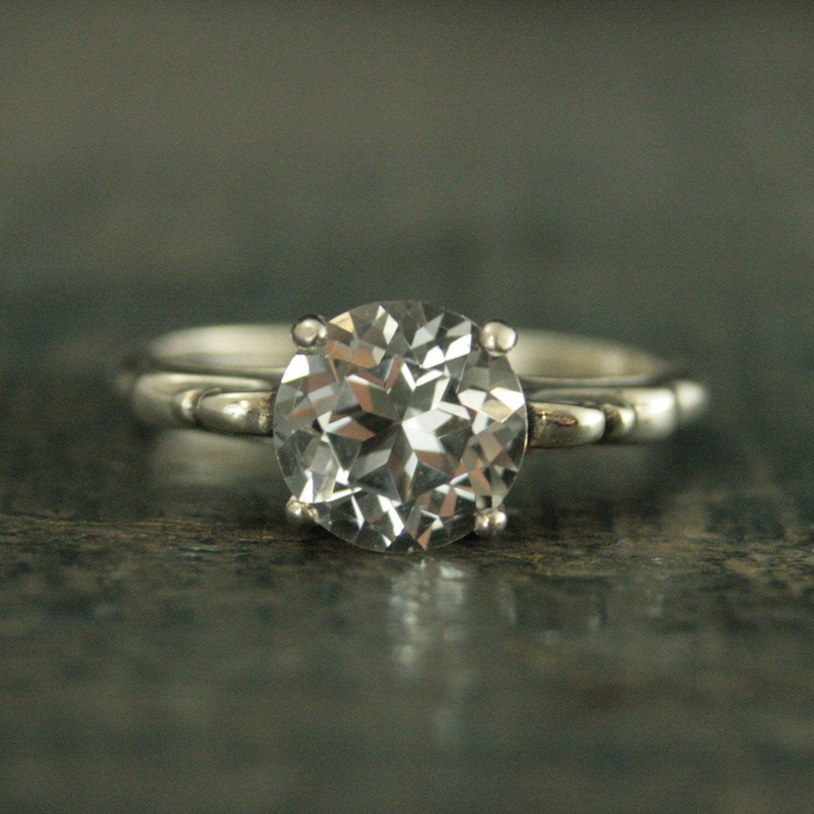 Large 8mm Solitaire Ring Scroll Setting Antique Style Ring Vintage Style Ring Queen Ring Cubic Zirconia Ring White Topaz Ring Silver