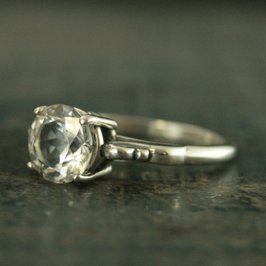 Large 8mm Solitaire Ring Scroll Setting Antique Style Ring Vintage Style Ring Queen Ring Cubic Zirconia Ring White Topaz Ring Silver