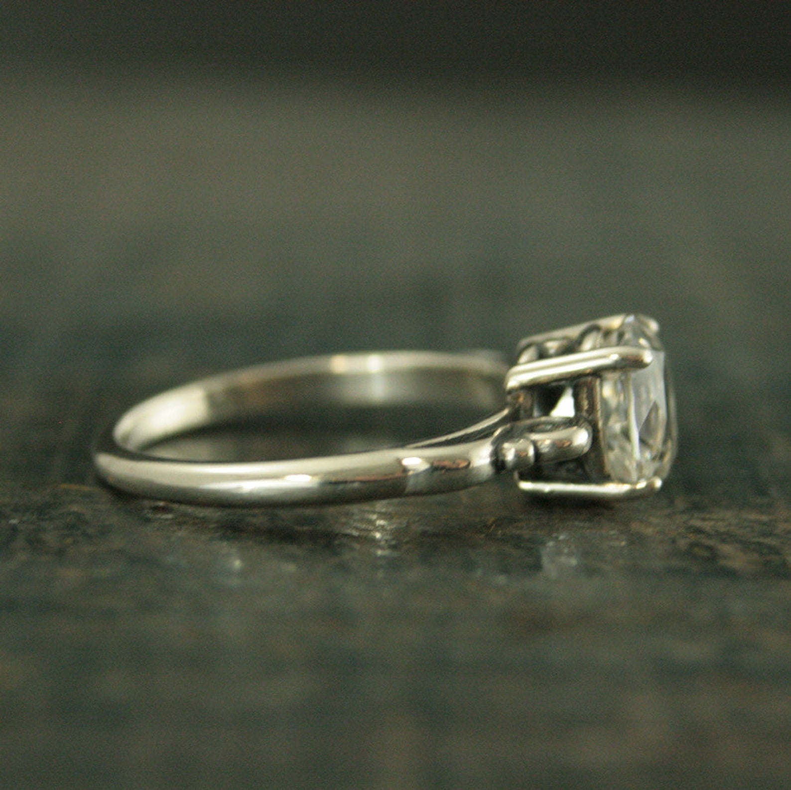Large 8mm Solitaire Ring Scroll Setting Antique Style Ring Vintage Style Ring Queen Ring Cubic Zirconia Ring White Topaz Ring Silver