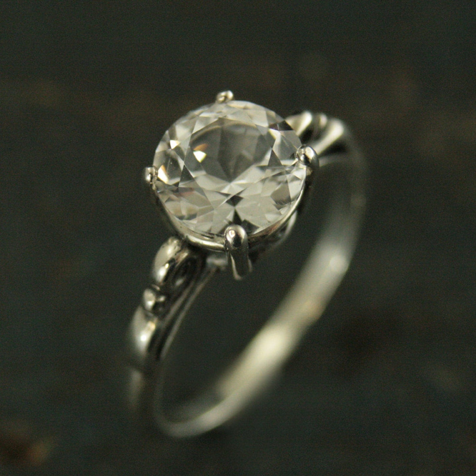 Large 8mm Solitaire Ring Scroll Setting Antique Style Ring Vintage Style Ring Queen Ring Cubic Zirconia Ring White Topaz Ring Silver