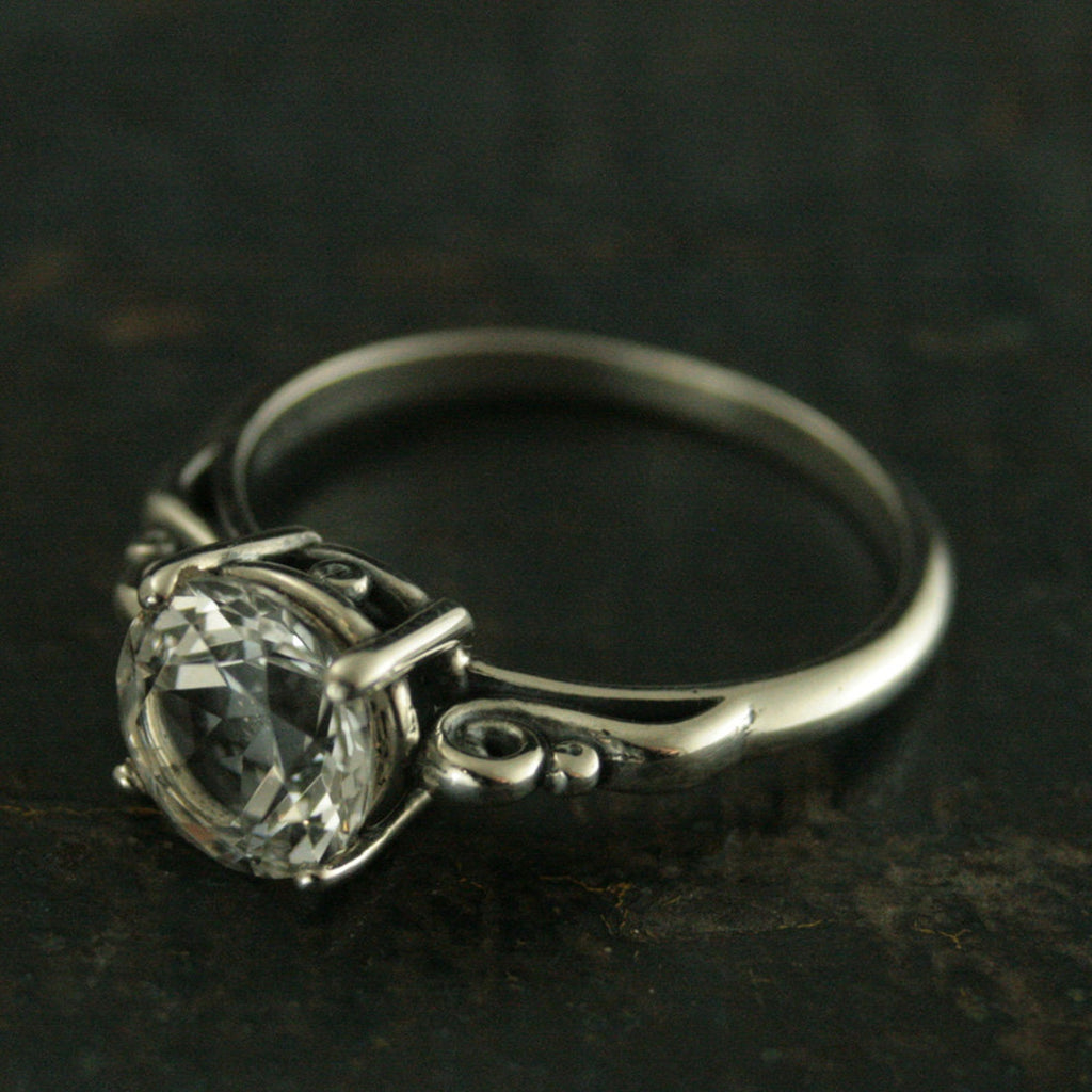 Large 8mm Solitaire Ring Scroll Setting Antique Style Ring Vintage Style Ring Queen Ring Cubic Zirconia Ring White Topaz Ring Silver