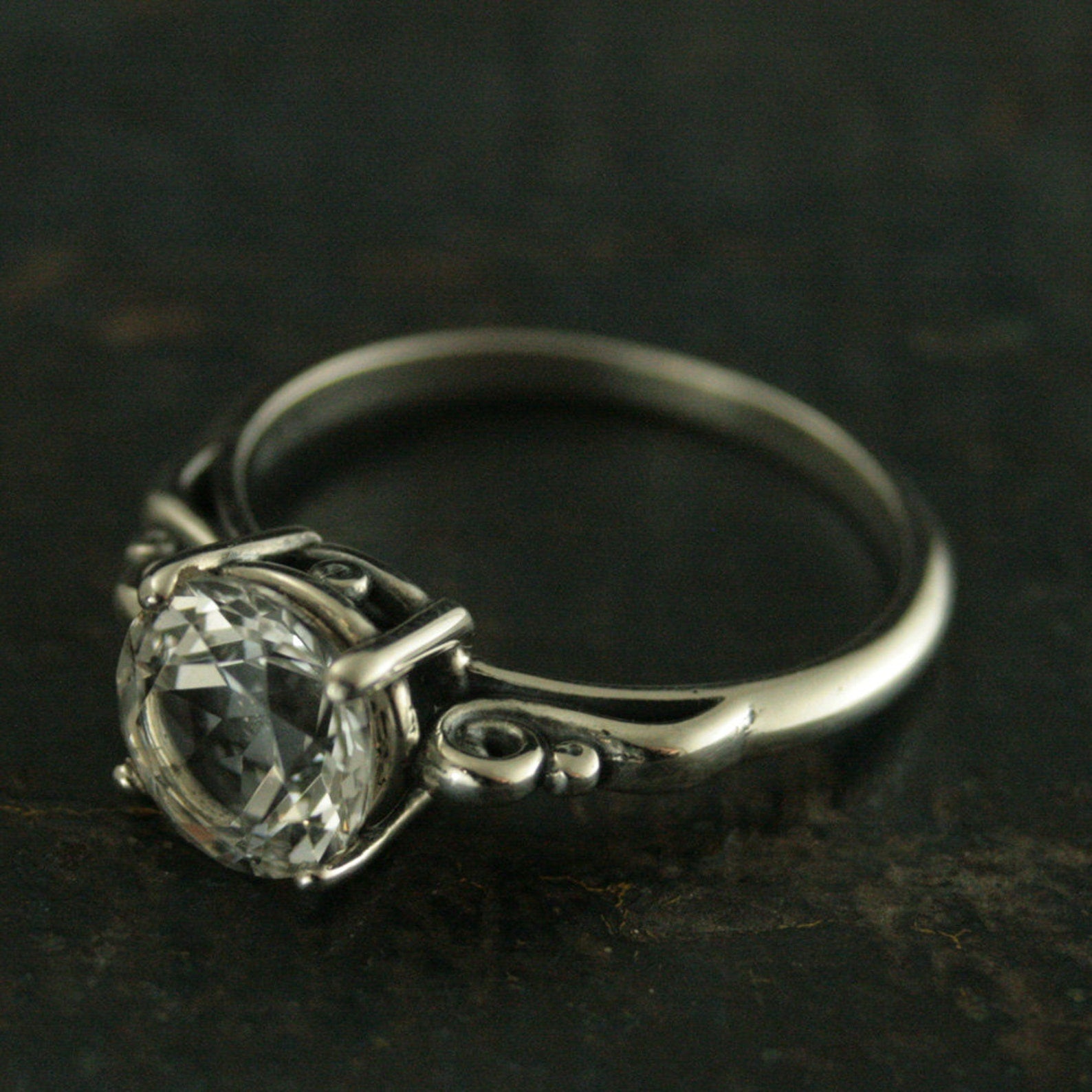 Large 8mm Solitaire Ring Scroll Setting Antique Style Ring Vintage Style Ring Queen Ring Cubic Zirconia Ring White Topaz Ring Silver