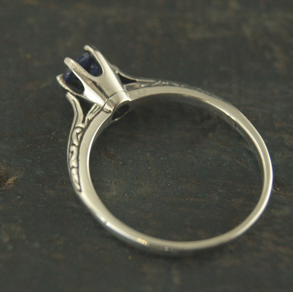 Lapis Engagement Ring Silver Ariel Ring Blue Stone Ring Denim Blue Stone Vintage Style Ring 6 Prong Setting Cathedral Solitaire Silver Ring