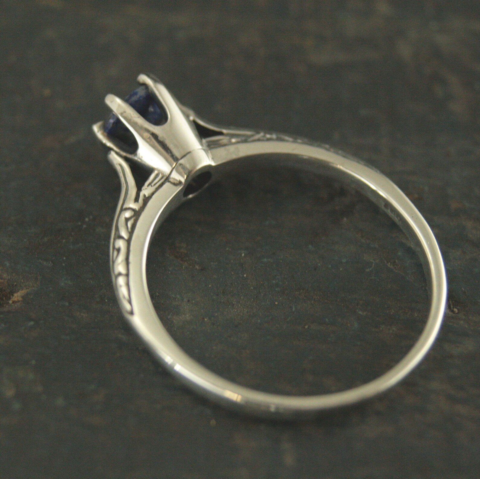 Lapis Engagement Ring Silver Ariel Ring Blue Stone Ring Denim Blue Stone Vintage Style Ring 6 Prong Setting Cathedral Solitaire Silver Ring