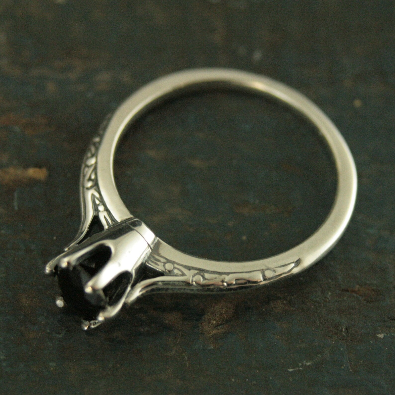 Onyx Ring Ariel Cathedral Ring 6 Prong Solitaire Black Stone Ring Antique Style Ring Vintage Style Ring Embossed Knife Edge Design