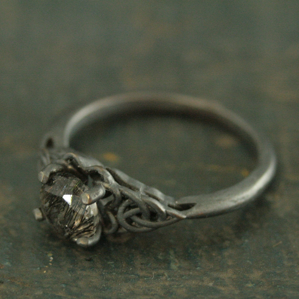 Black Tourmalinated Quartz Ring Celtic Ring Black Silver Ring Black Rutilated Quartz Ring Celtic Knot Ring Unique Engagement Ring