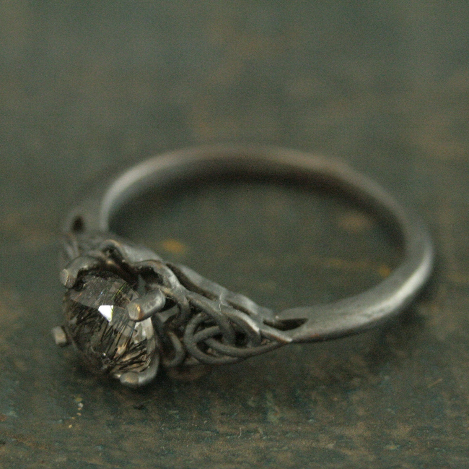 Black Tourmalinated Quartz Ring Celtic Ring Black Silver Ring Black Rutilated Quartz Ring Celtic Knot Ring Unique Engagement Ring