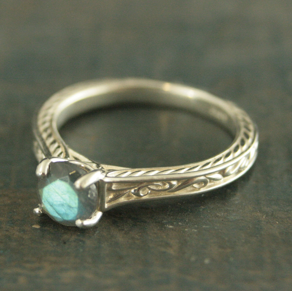 Art Nouveau Ring Labradorite Ring Alternative Engagement Ring Flourish Cathedral Setting Gift for Her Facetted Labradorite Ring Antique