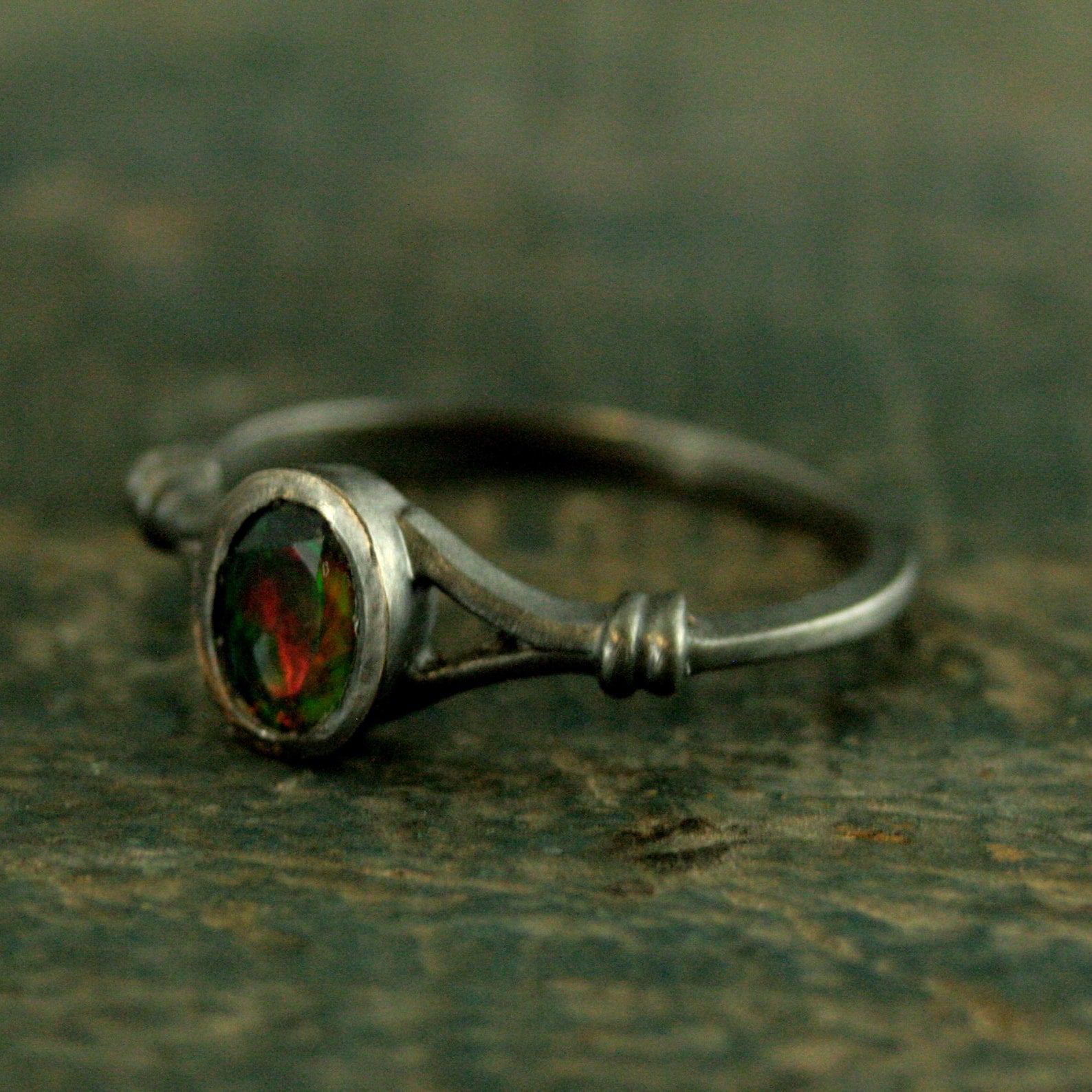 Black Opal Ring Bezel Set Facetted Oval Black Opal Ring Black Silver Oxidized Black Magic Mirror Ring Unique Engagement Ring