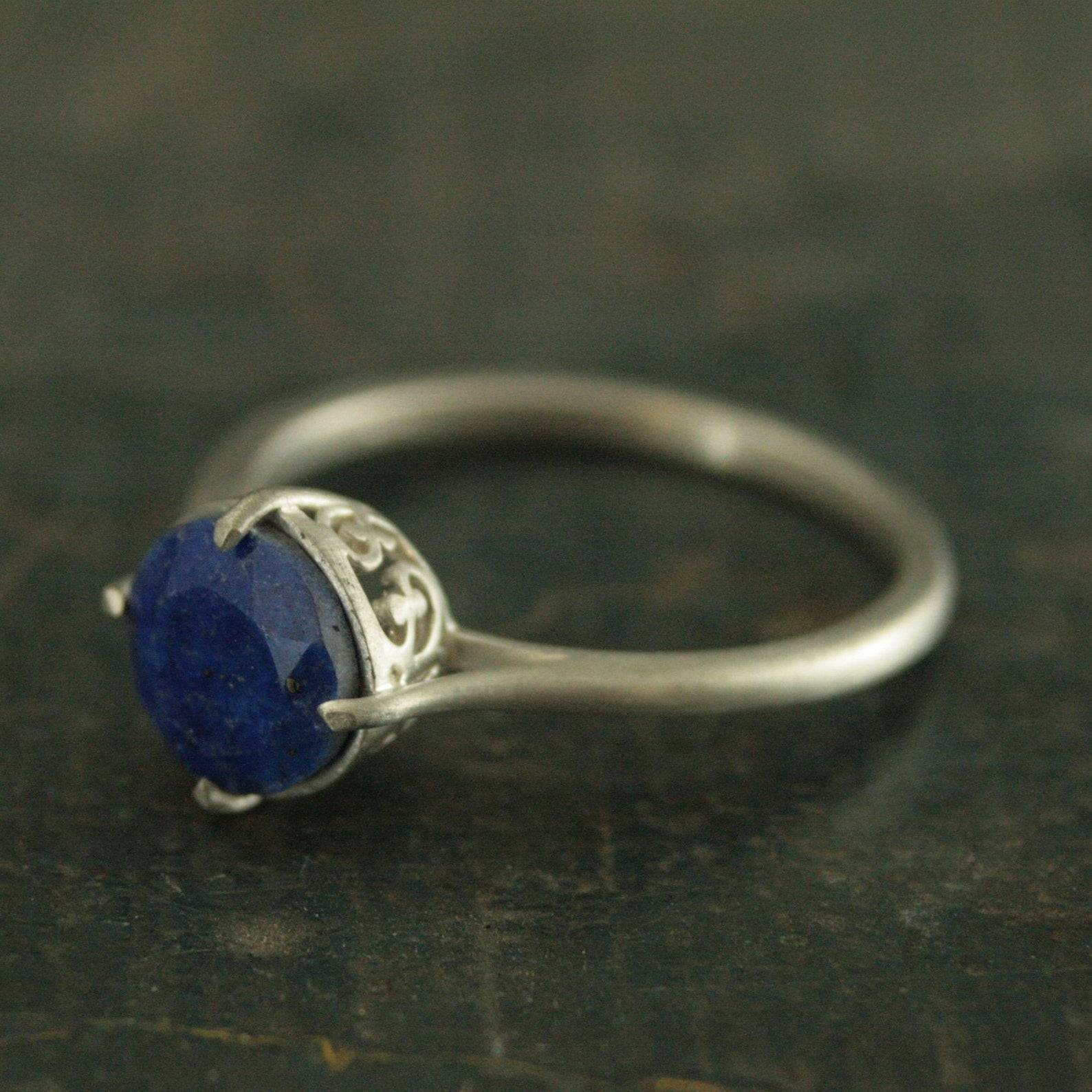 Faceted Lapis Lazuli Ring Silver Filigree Setting NSEW 7mm Lapis Ring Something Blue Bridal Jewelry Denim Blue Stone Elegant Ring