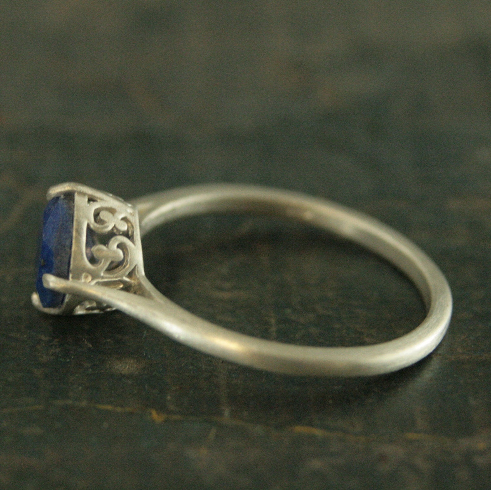 Faceted Lapis Lazuli Ring Silver Filigree Setting NSEW 7mm Lapis Ring Something Blue Bridal Jewelry Denim Blue Stone Elegant Ring