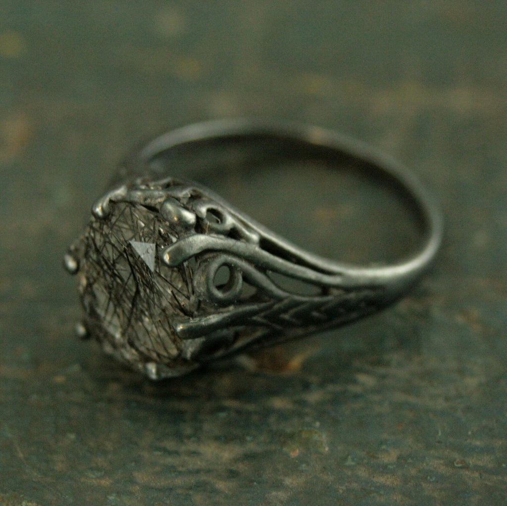Black Tourmalinated Quartz Ring Black Rutilated Quartz 8x10 Oval Black Wicked Fairy Black Silver Gothic Ring Alternative Engagement Ring