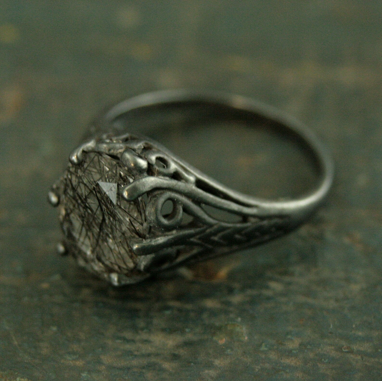 Black Tourmalinated Quartz Ring Black Rutilated Quartz 8x10 Oval Black Wicked Fairy Black Silver Gothic Ring Alternative Engagement Ring
