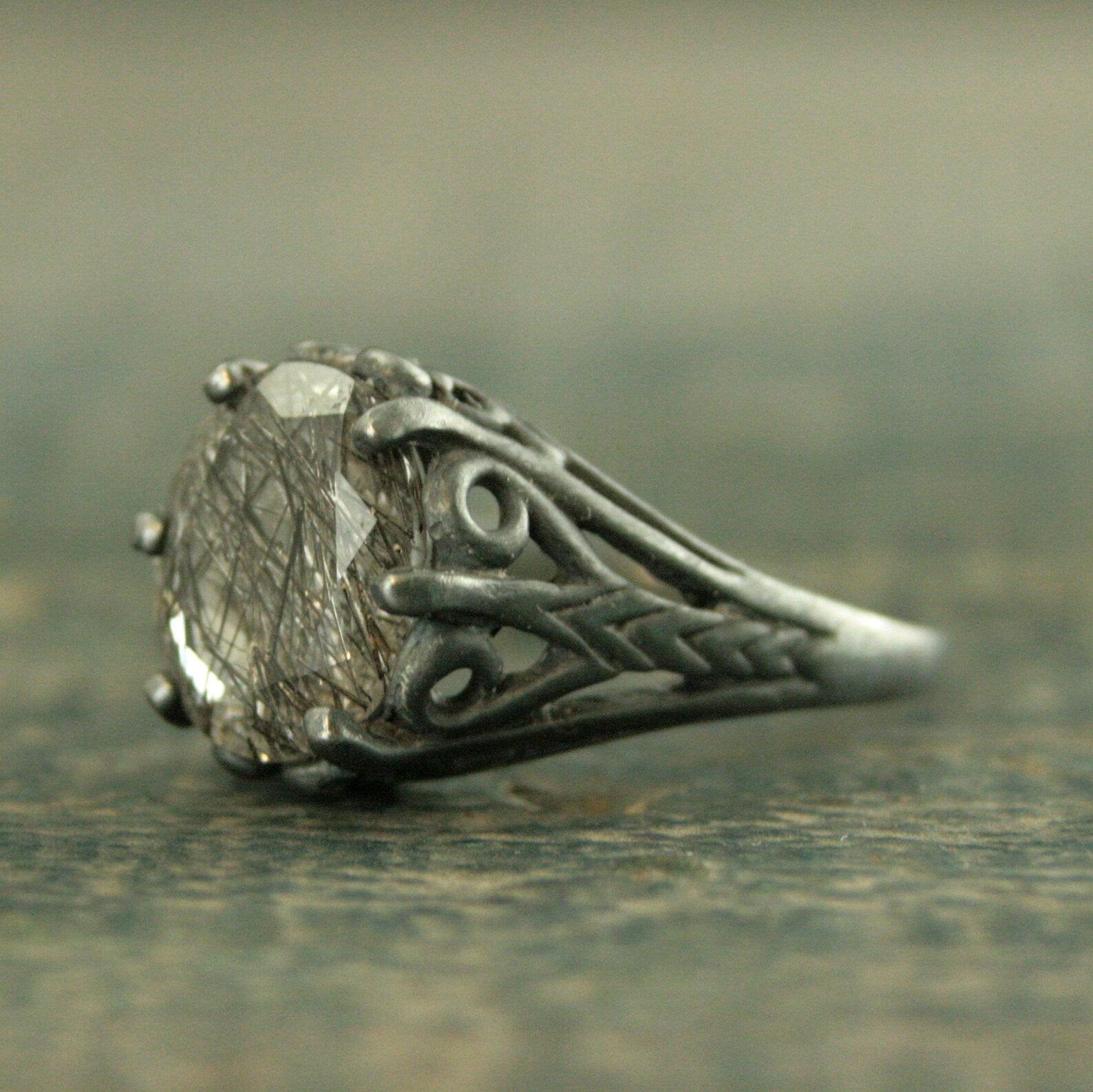 Black Tourmalinated Quartz Ring Black Rutilated Quartz 8x10 Oval Black Wicked Fairy Black Silver Gothic Ring Alternative Engagement Ring
