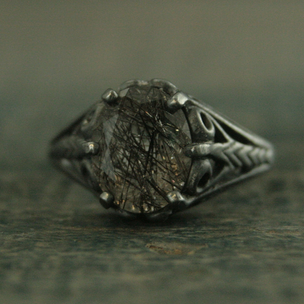 Black Tourmalinated Quartz Ring Black Rutilated Quartz 8x10 Oval Black Wicked Fairy Black Silver Gothic Ring Alternative Engagement Ring