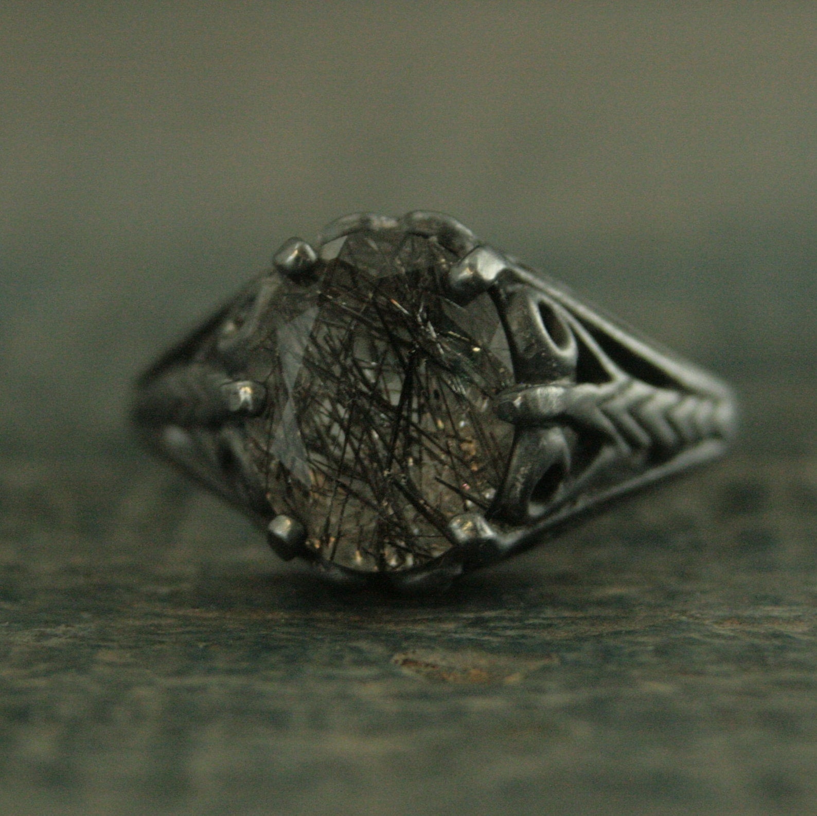 Black Tourmalinated Quartz Ring Black Rutilated Quartz 8x10 Oval Black Wicked Fairy Black Silver Gothic Ring Alternative Engagement Ring