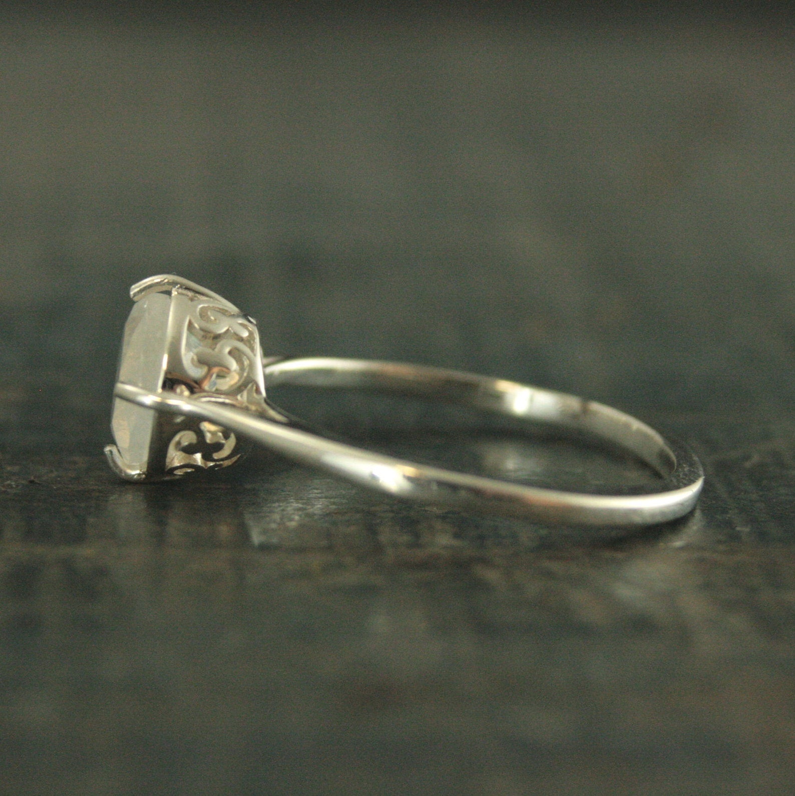 Rainbow Moonstone Ring~Filigree Engagement Ring~NSEW Setting~7mm Solitaire~Large Full Cut Moonstone Ring~Vintage Style Ring~Antique Style