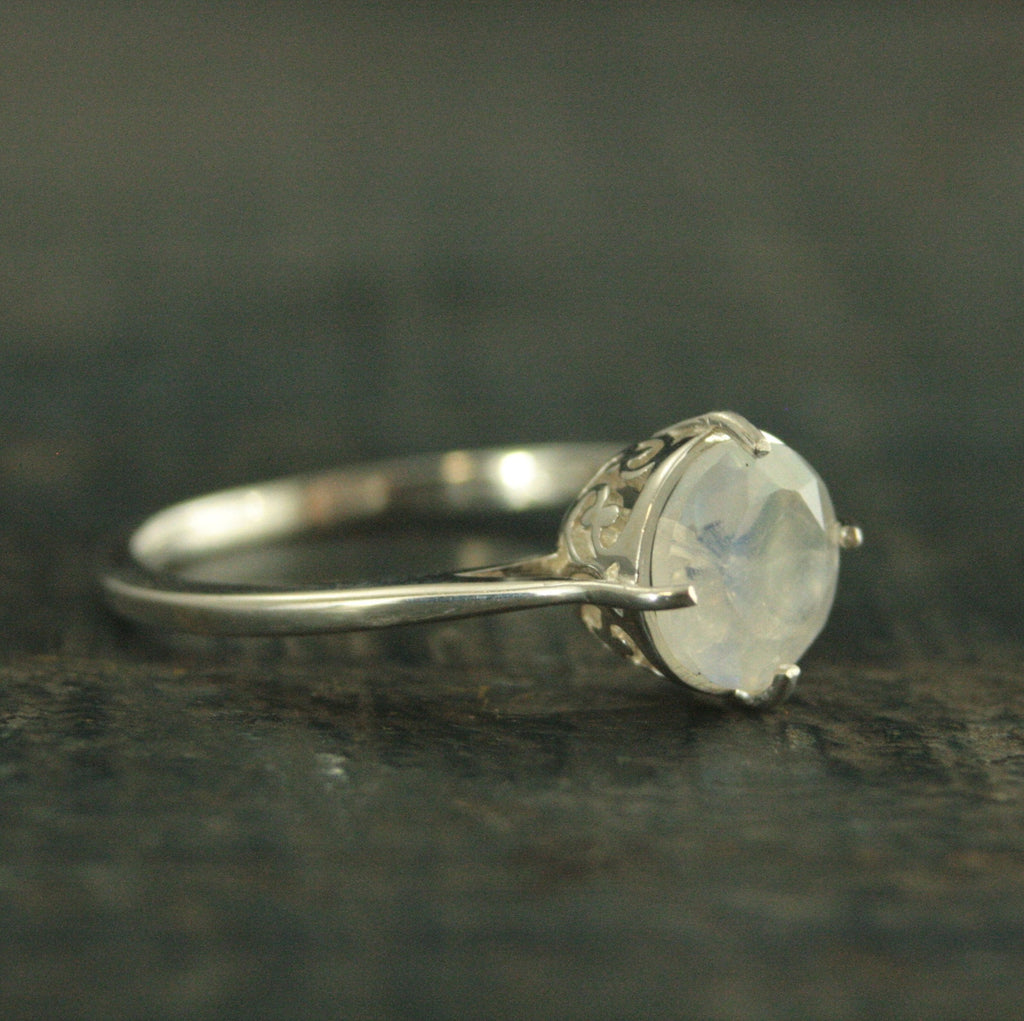 Rainbow Moonstone Ring~Filigree Engagement Ring~NSEW Setting~7mm Solitaire~Large Full Cut Moonstone Ring~Vintage Style Ring~Antique Style