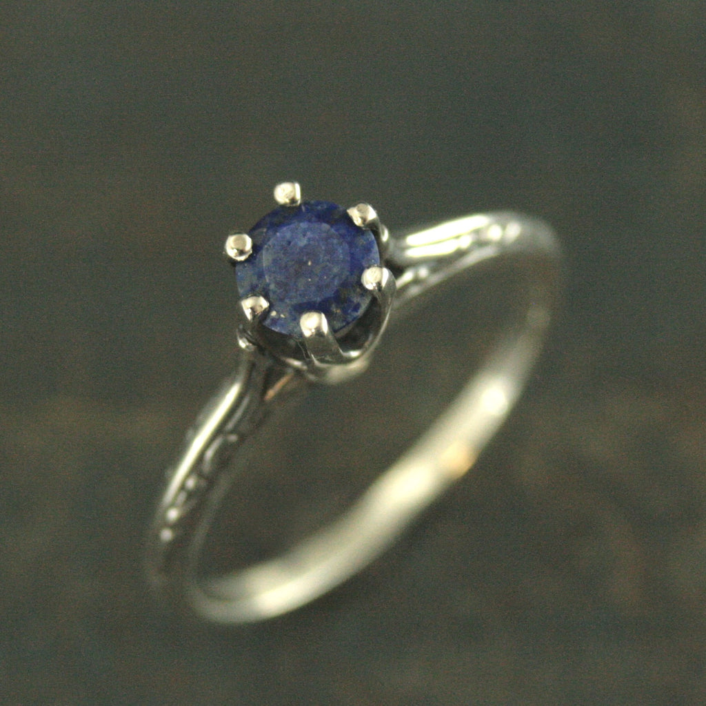 Lapis Engagement Ring Silver Ariel Ring Blue Stone Ring Denim Blue Stone Vintage Style Ring 6 Prong Setting Cathedral Solitaire Silver Ring