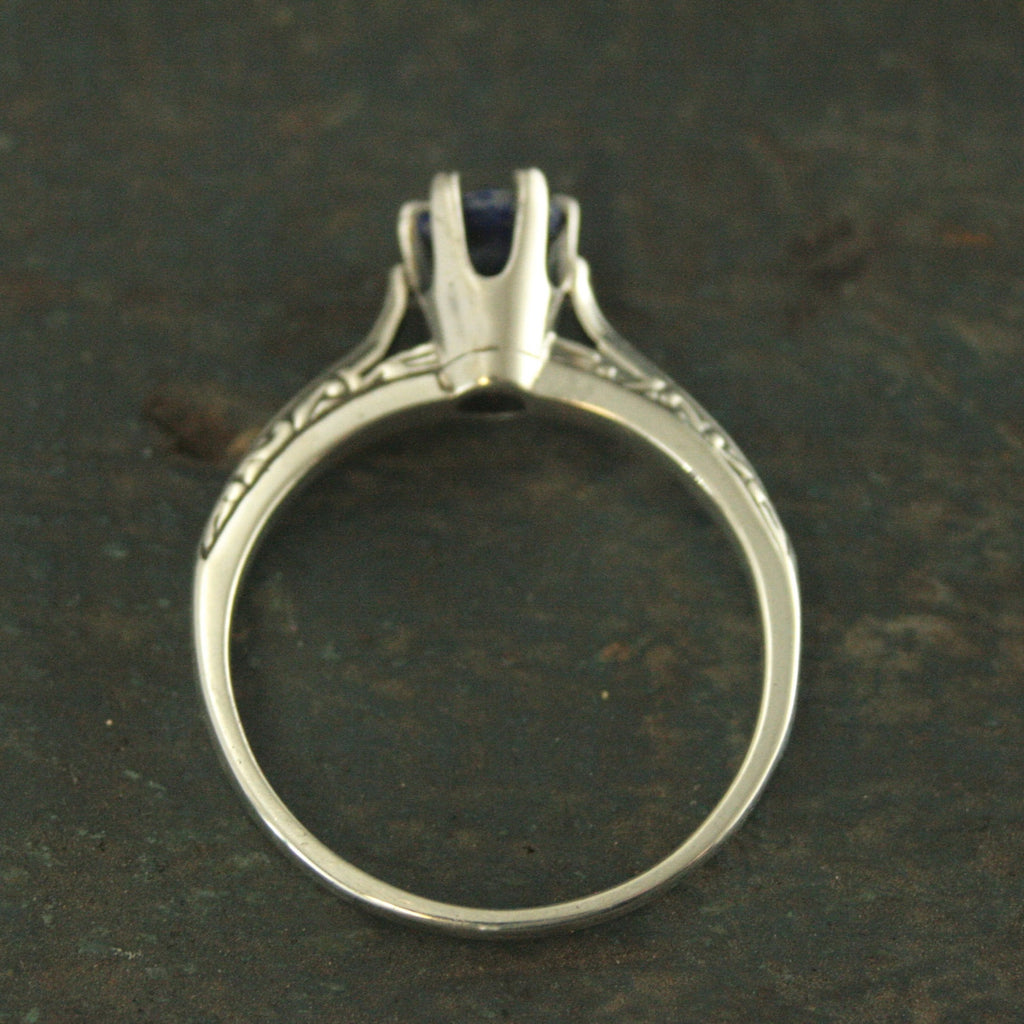 Lapis Engagement Ring Silver Ariel Ring Blue Stone Ring Denim Blue Stone Vintage Style Ring 6 Prong Setting Cathedral Solitaire Silver Ring