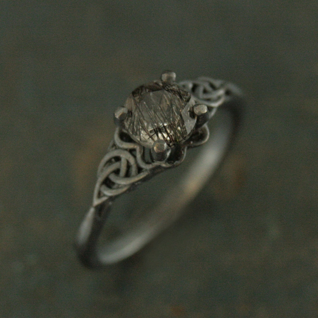 Black Tourmalinated Quartz Ring Celtic Ring Black Silver Ring Black Rutilated Quartz Ring Celtic Knot Ring Unique Engagement Ring