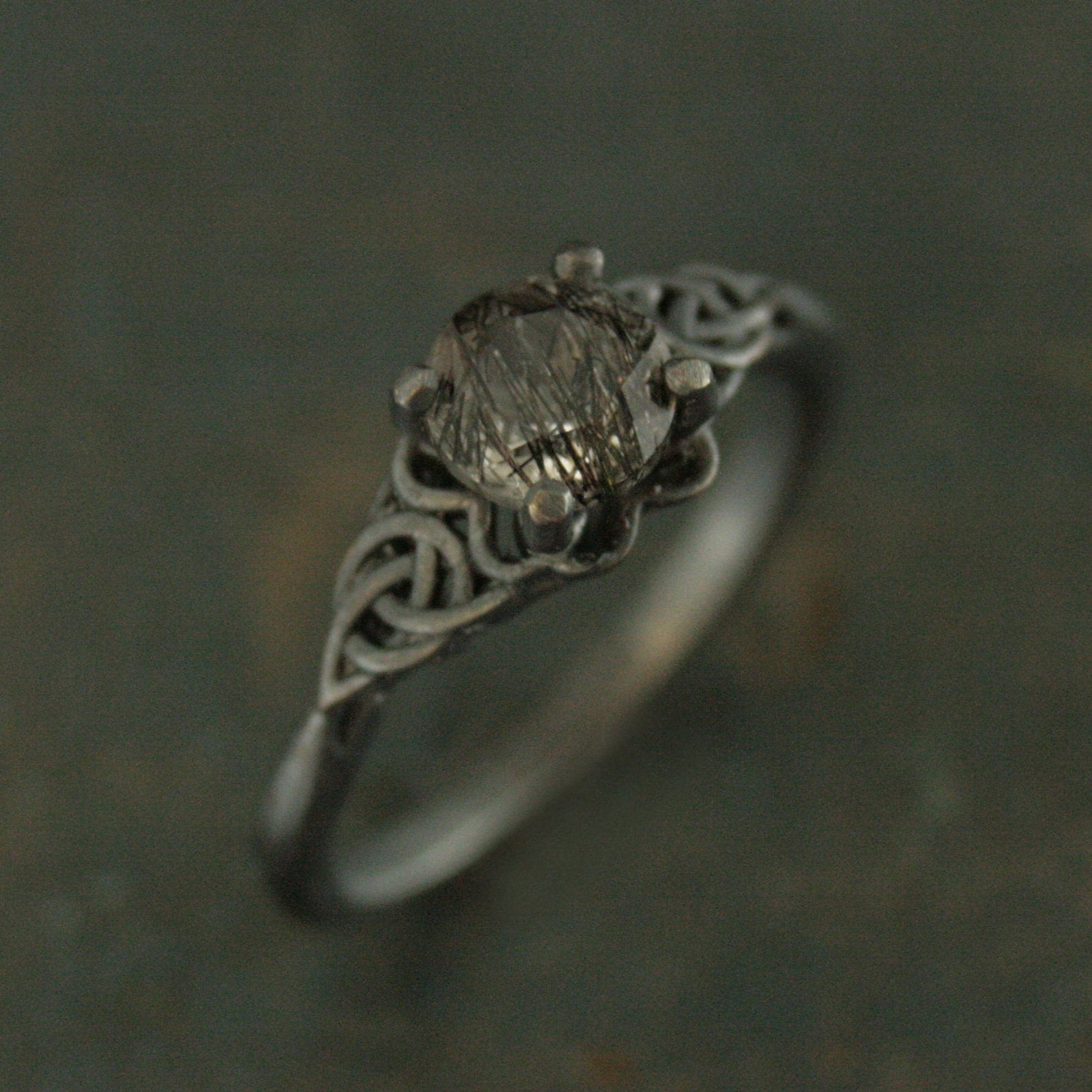 Black Tourmalinated Quartz Ring Celtic Ring Black Silver Ring Black Rutilated Quartz Ring Celtic Knot Ring Unique Engagement Ring