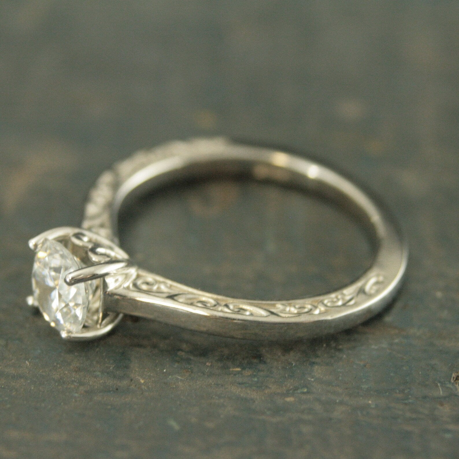 Hidden Flourish Solitaire Silver Engagement Ring Swirl Design Cathedral Heart Setting Silver Cathedral Solitaire White Topaz Ring