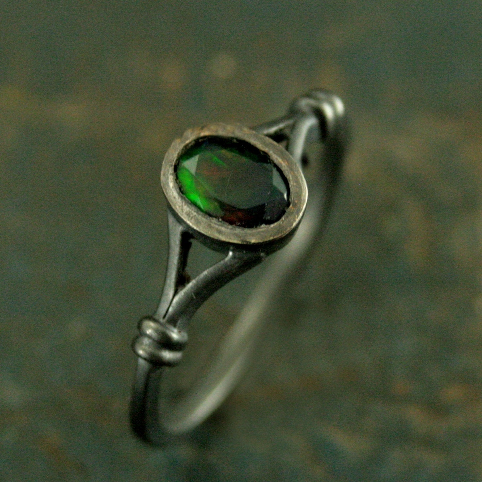 Black Opal Ring Bezel Set Facetted Oval Black Opal Ring Black Silver Oxidized Black Magic Mirror Ring Unique Engagement Ring