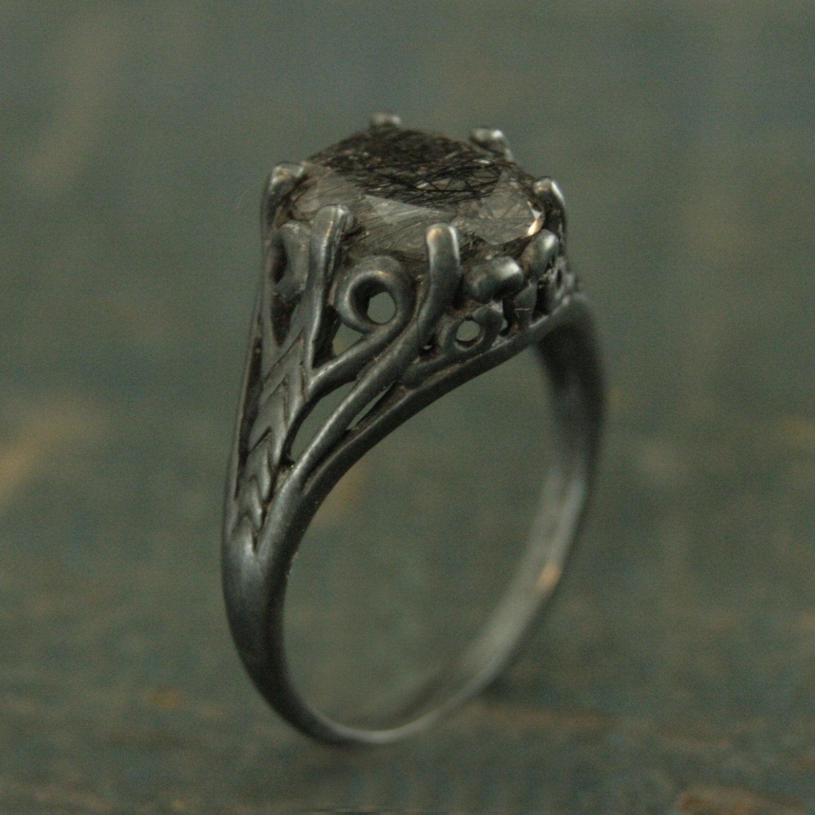 Black Tourmalinated Quartz Ring Black Rutilated Quartz 8x10 Oval Black Wicked Fairy Black Silver Gothic Ring Alternative Engagement Ring