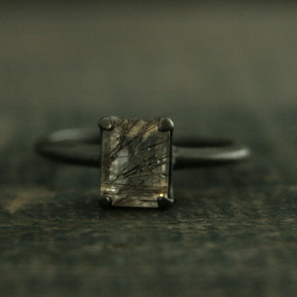 Black Tourmalinated Quartz Ring Emerald Cut Rutilated Quartz Modern Knife Edge Ring Oxidized Black Silver Ring Black Rutilated Quartz Ring
