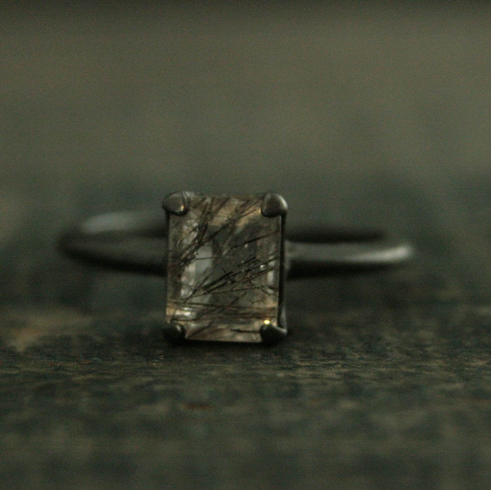 Black Tourmalinated Quartz Ring Emerald Cut Rutilated Quartz Modern Knife Edge Ring Oxidized Black Silver Ring Black Rutilated Quartz Ring