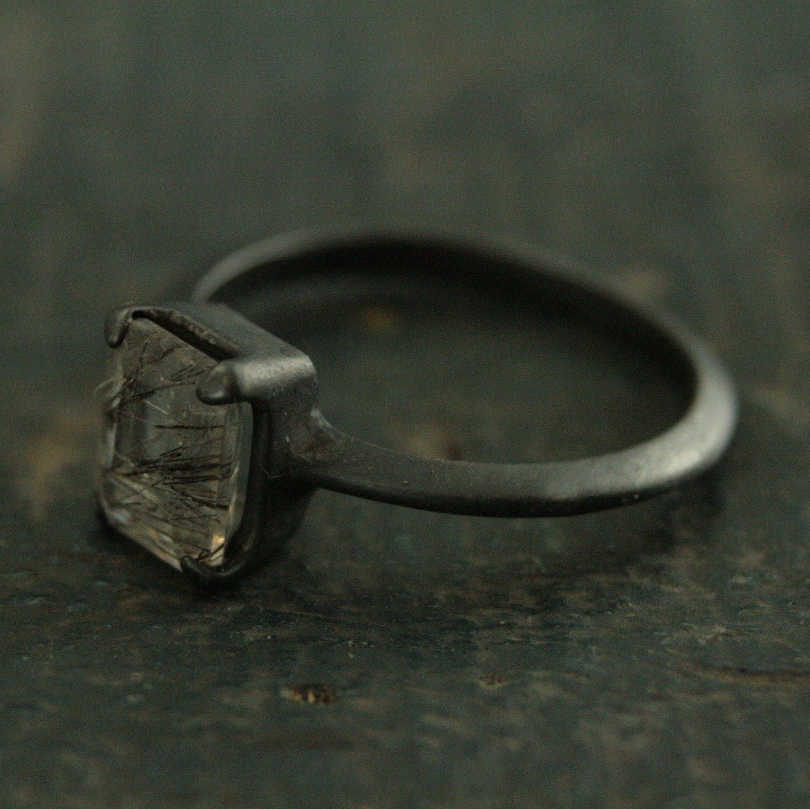 Black Tourmalinated Quartz Ring Emerald Cut Rutilated Quartz Modern Knife Edge Ring Oxidized Black Silver Ring Black Rutilated Quartz Ring