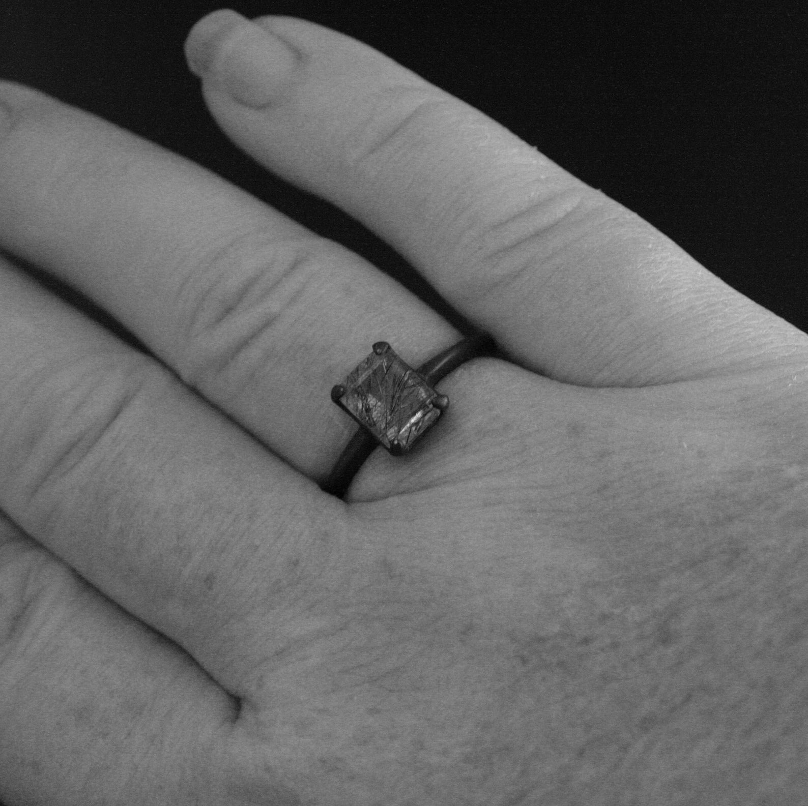 Black Tourmalinated Quartz Ring Emerald Cut Rutilated Quartz Modern Knife Edge Ring Oxidized Black Silver Ring Black Rutilated Quartz Ring
