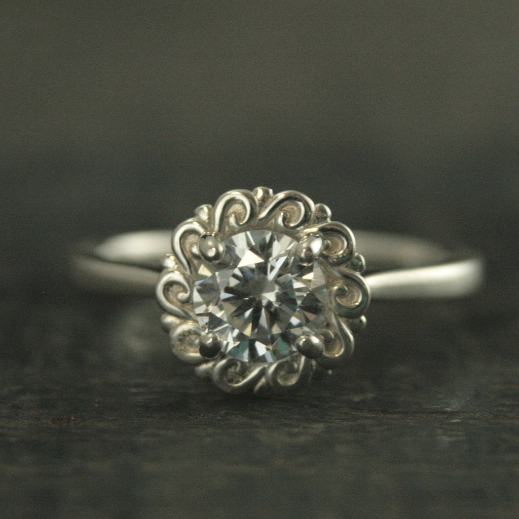 Sunburst Swirl Halo Engagement Ring Halo Solitaire Flourish Halo Ring Unique Engagement Ring Helios Silver Engagement Ring Cubic Zirconia