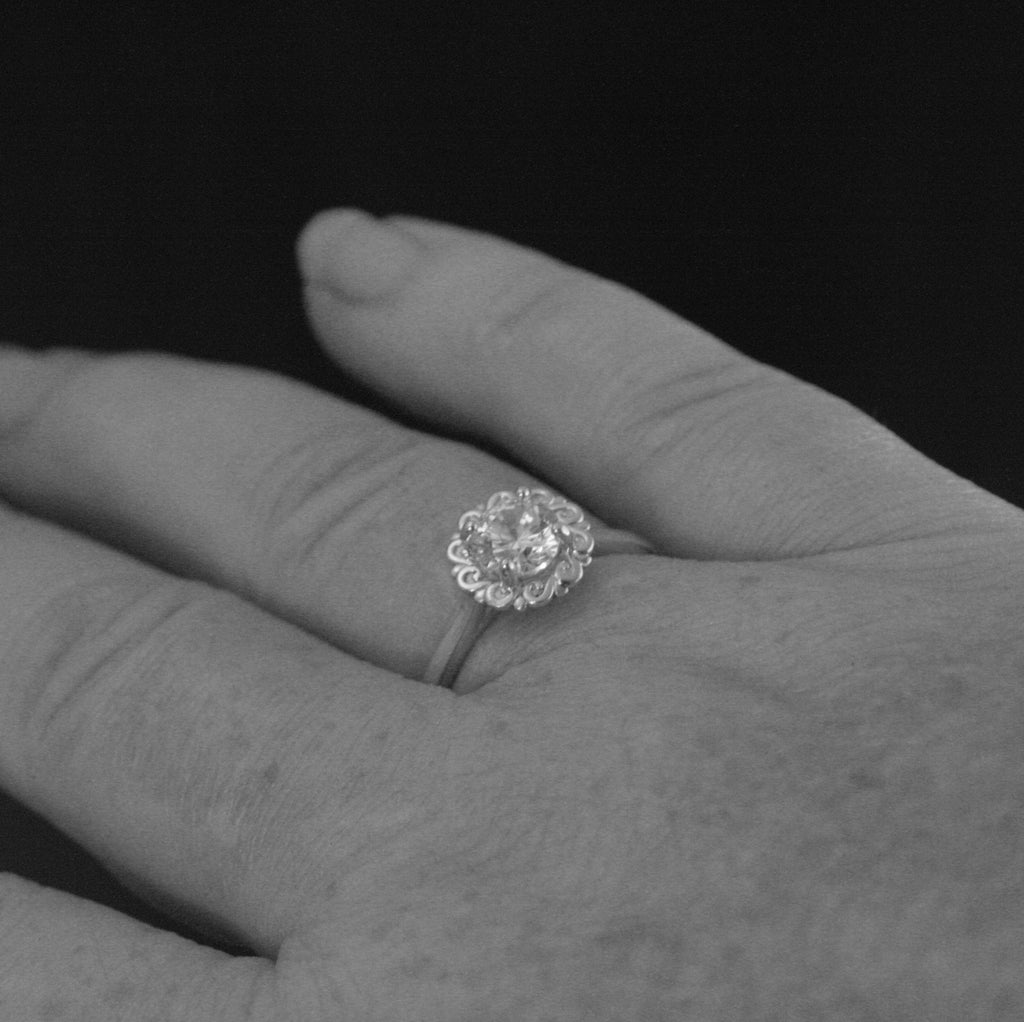 Sunburst Swirl Halo Engagement Ring Halo Solitaire Flourish Halo Ring Unique Engagement Ring Helios Silver Engagement Ring Cubic Zirconia