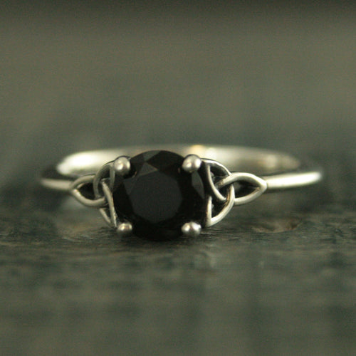 Celtic Ring Onyx Ring Trinity Knot Solitaire Irish Ring Black Stone Ring Celtic Cathedral Faux Black Diamond Ring Triquetra Solitaire Ring