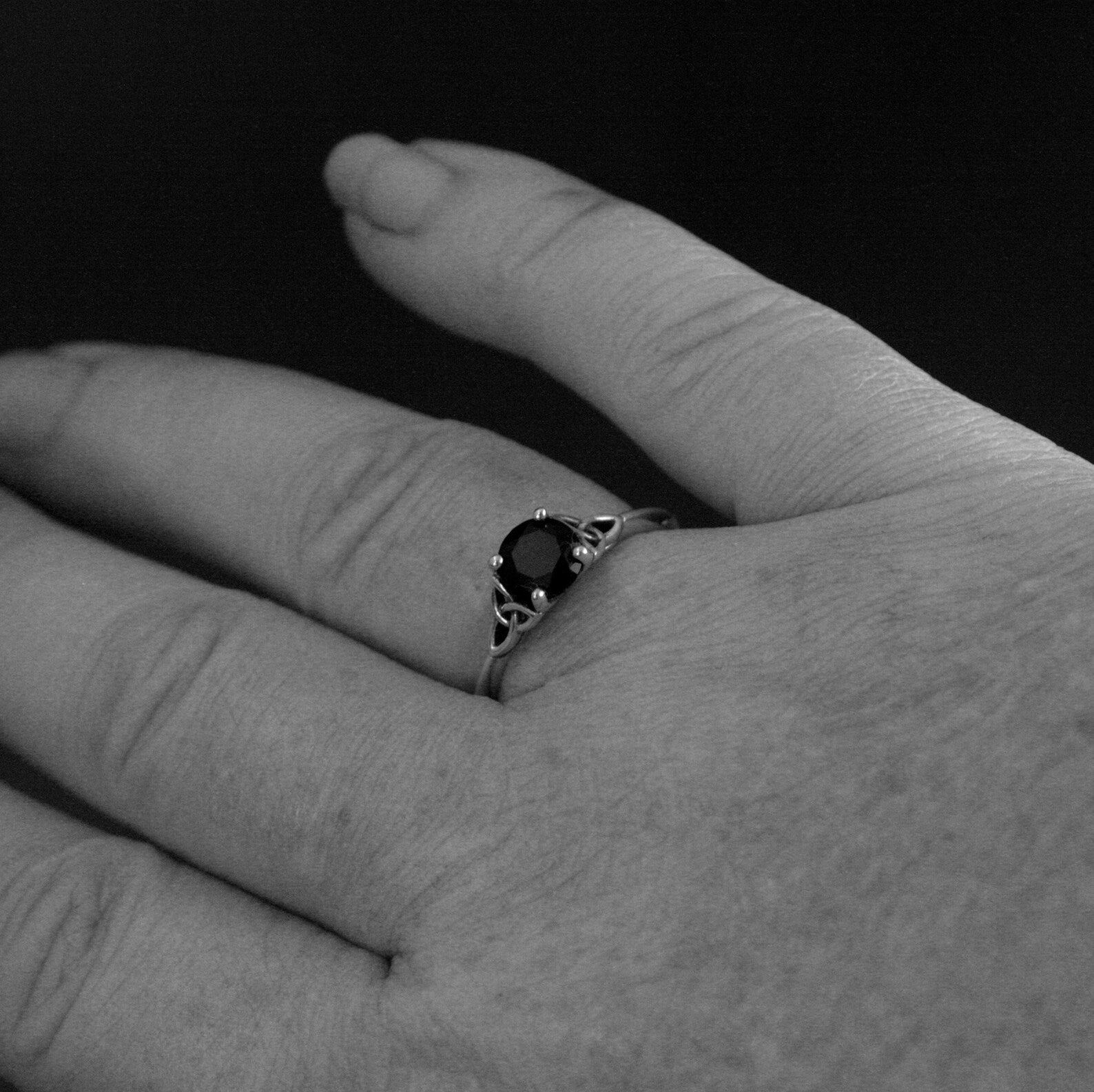 Celtic Ring Onyx Ring Trinity Knot Solitaire Irish Ring Black Stone Ring Celtic Cathedral Faux Black Diamond Ring Triquetra Solitaire Ring