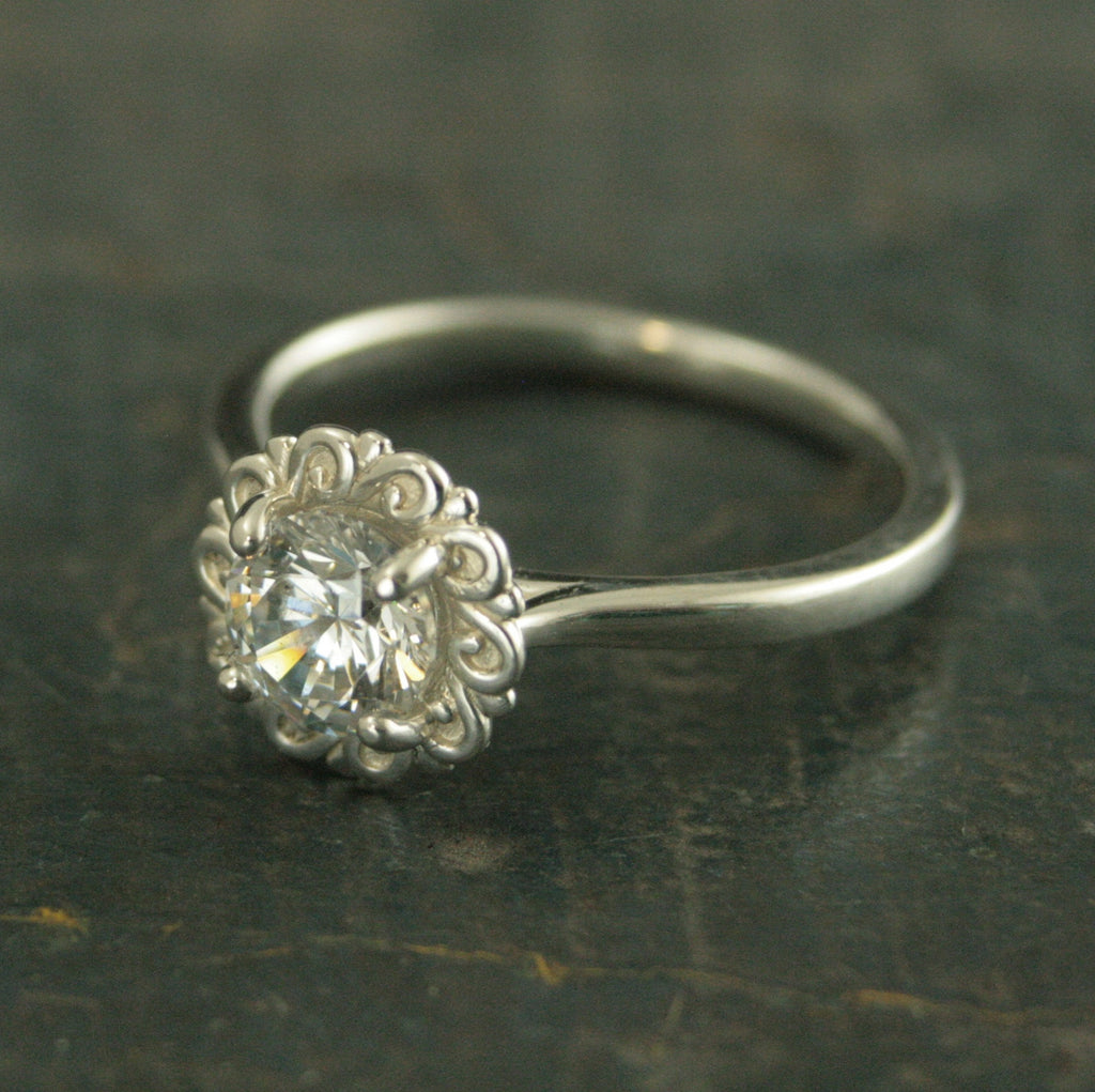 Sunburst Swirl Halo Engagement Ring Halo Solitaire Flourish Halo Ring Unique Engagement Ring Helios Silver Engagement Ring Cubic Zirconia