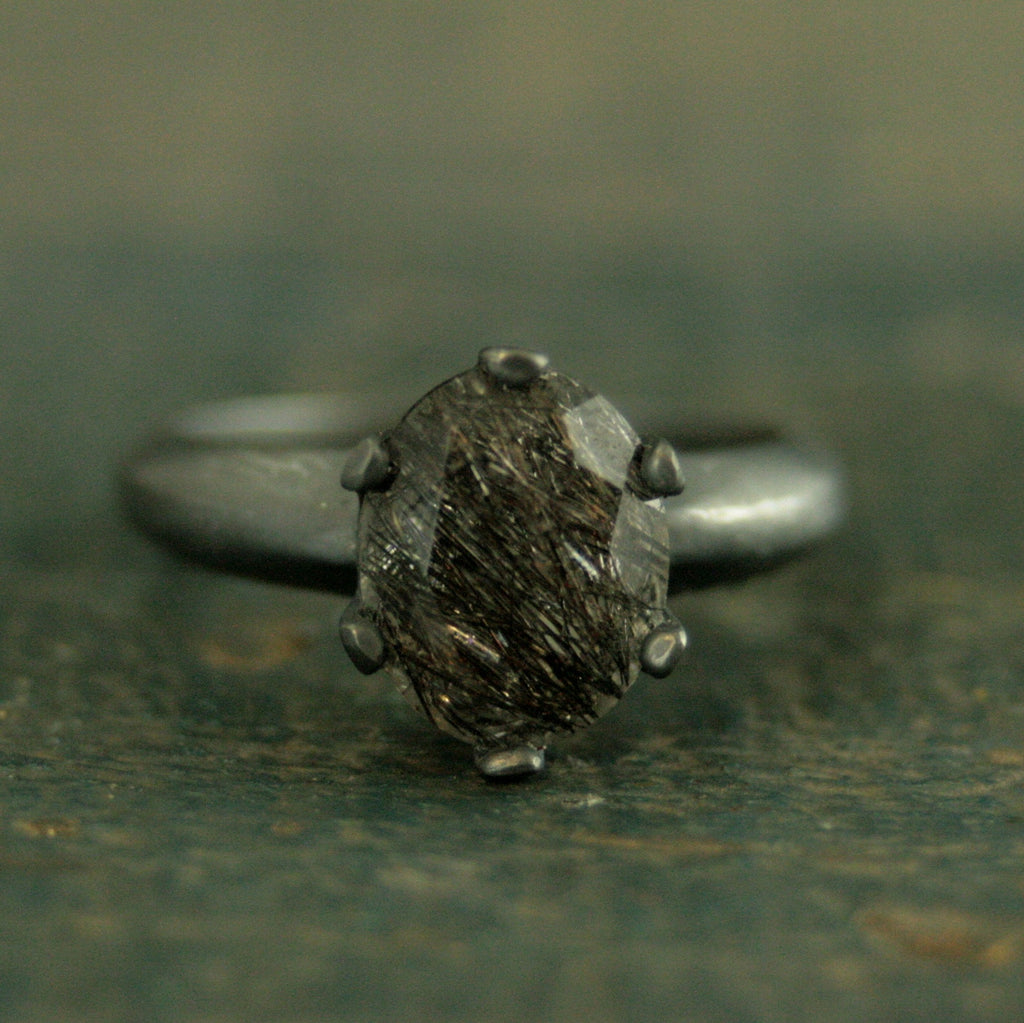 Oval Rutilated Quartz Black Ring Oval Black Tourmalinated Quartz Solitaire Six Prong Setting Crown Prongs Black Oxidized Silver Ring Unique
